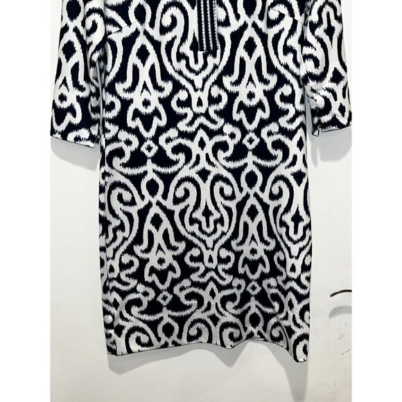 Gretchen Scott Blue & White Ikat Print Dress 3/4 Sleeves & Stand Collar Women's - Picture 3 of 9